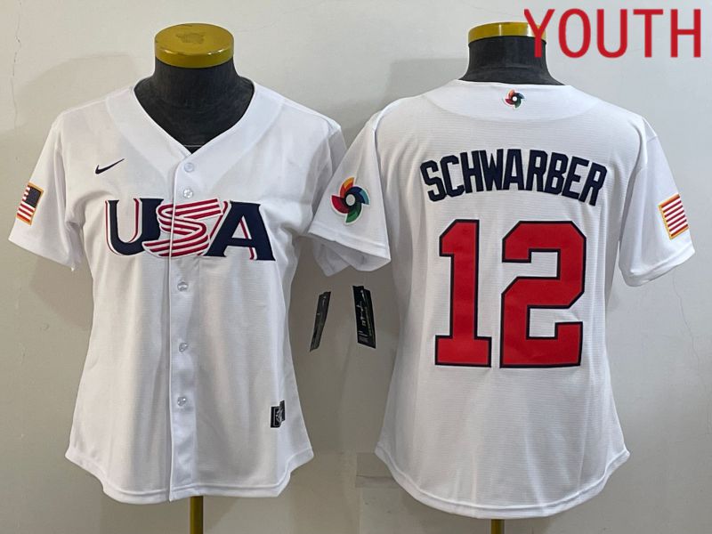 Youth 2023 World Cub USA 12 Schwarber White MLB Jersey8